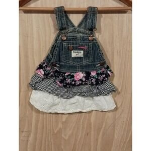 OshKosh Vintage Dress Overall Vestbak Floral Tiered Ruffle Blue Denim Girls 12M.